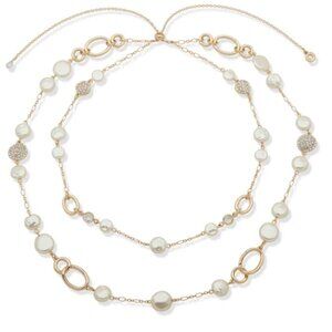 Anne Klein Pearl Gold Necklace Multi Row Crystal Beads NWT